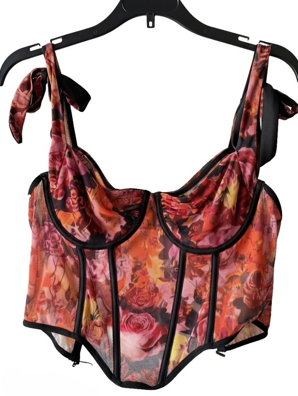 EUC Shein BAE Floral Mesh Corset Bustier Top Tie-Shoulder Size M